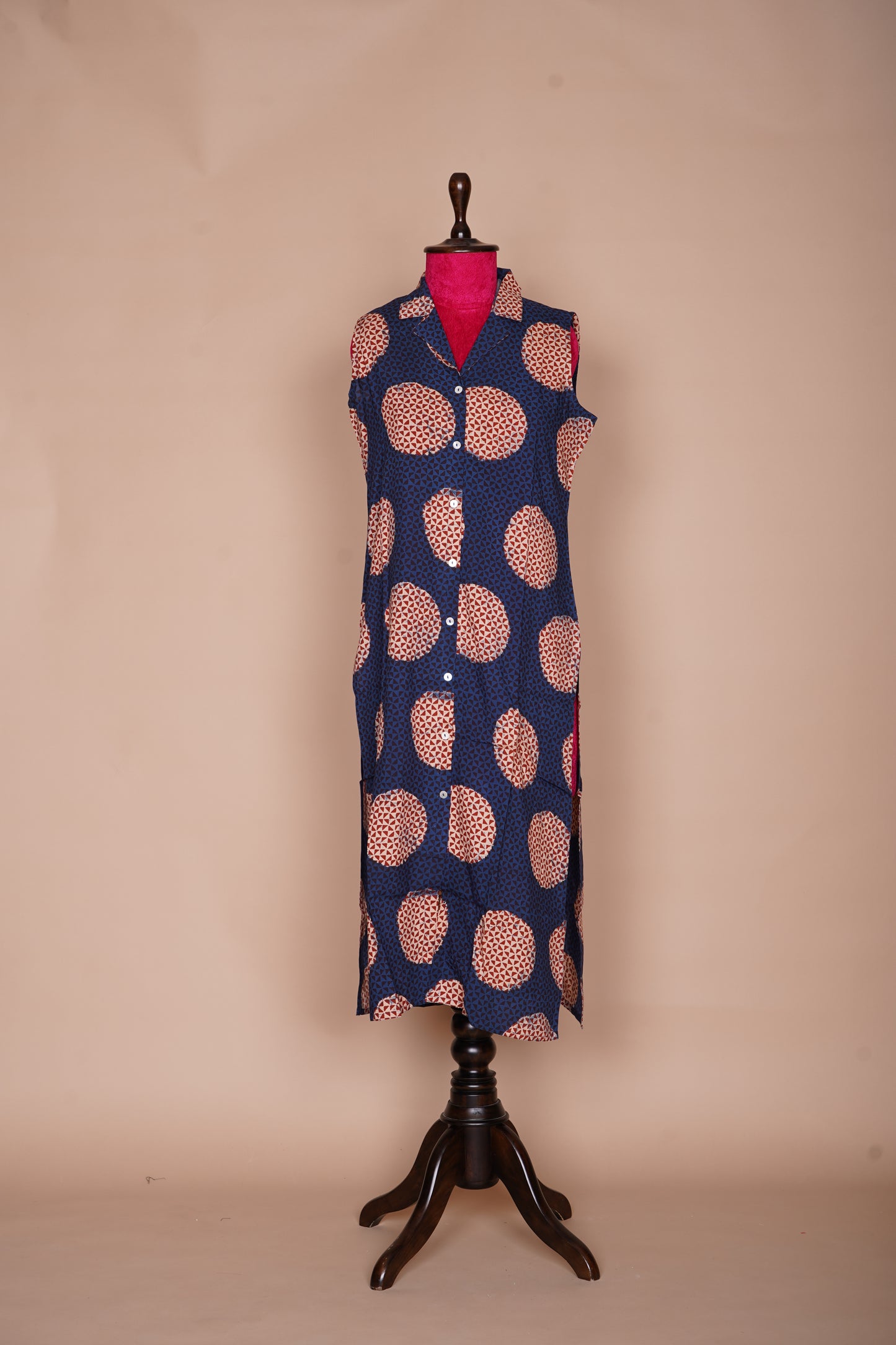 Navy Blue A-Line Front Open Pleated Kurti with Floral Bunches Print