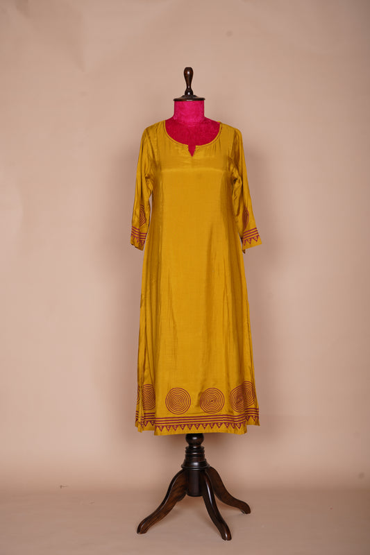 Mustard Yellow Pure Muslin Silk Hand Block Printed Kurti and Pant Set