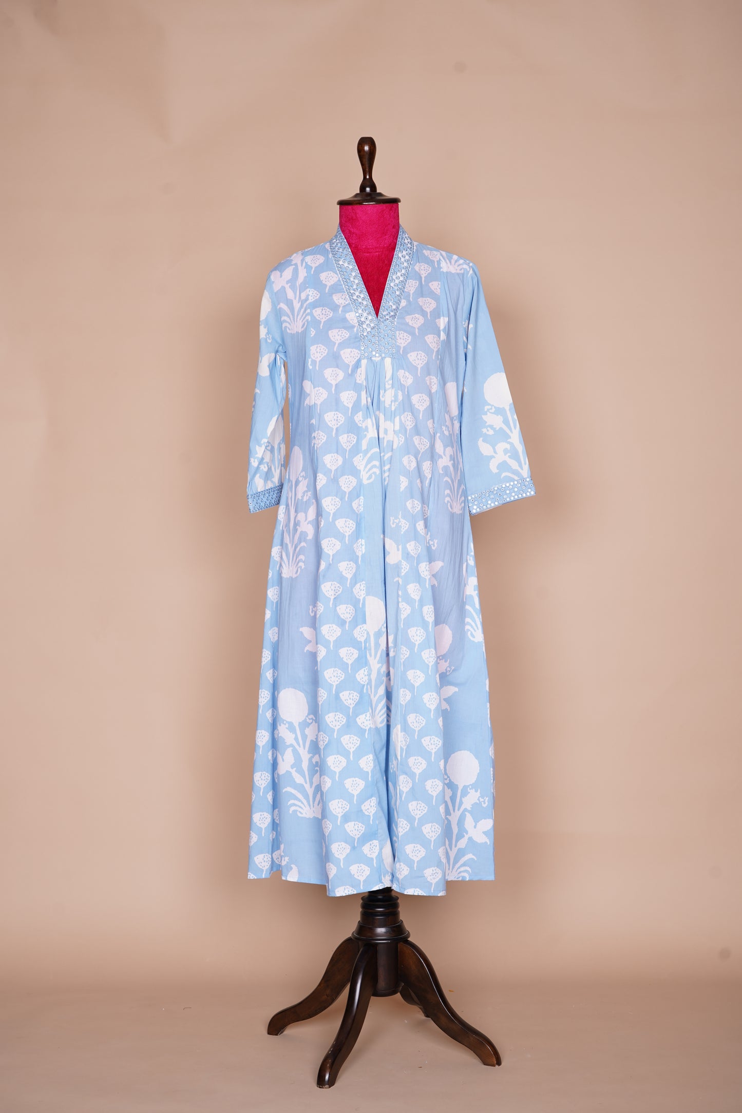 Sky Blue Cotton Jaipur Block Printed A-Line Anarkali with Straight Cut Pant and Printed Self Dupatta