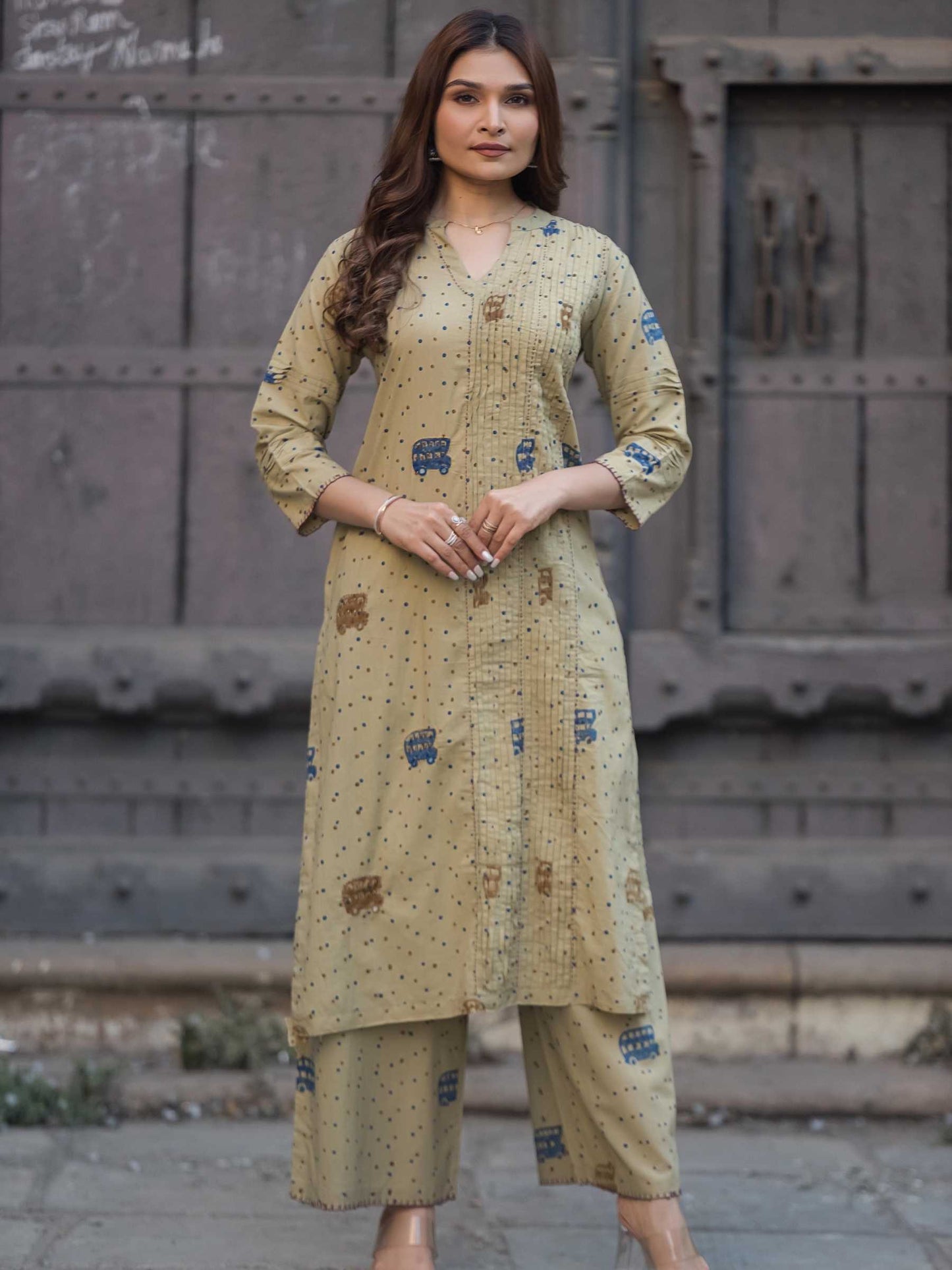 Beige Cotton Co-ord Dress Set | Auto Rickshaw Block Print – Medium to 3XL
