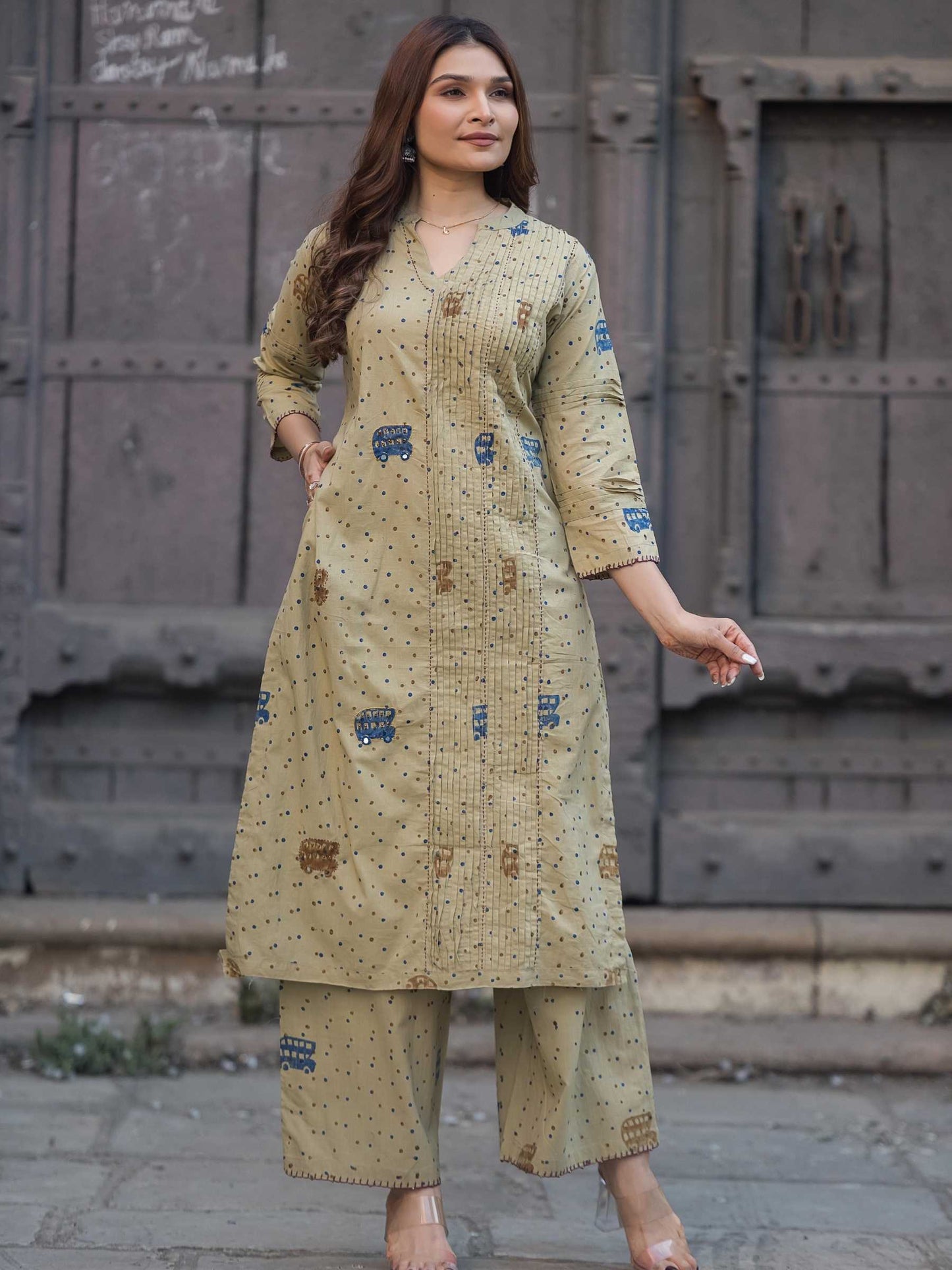 Beige Cotton Co-ord Dress Set | Auto Rickshaw Block Print – Medium to 3XL