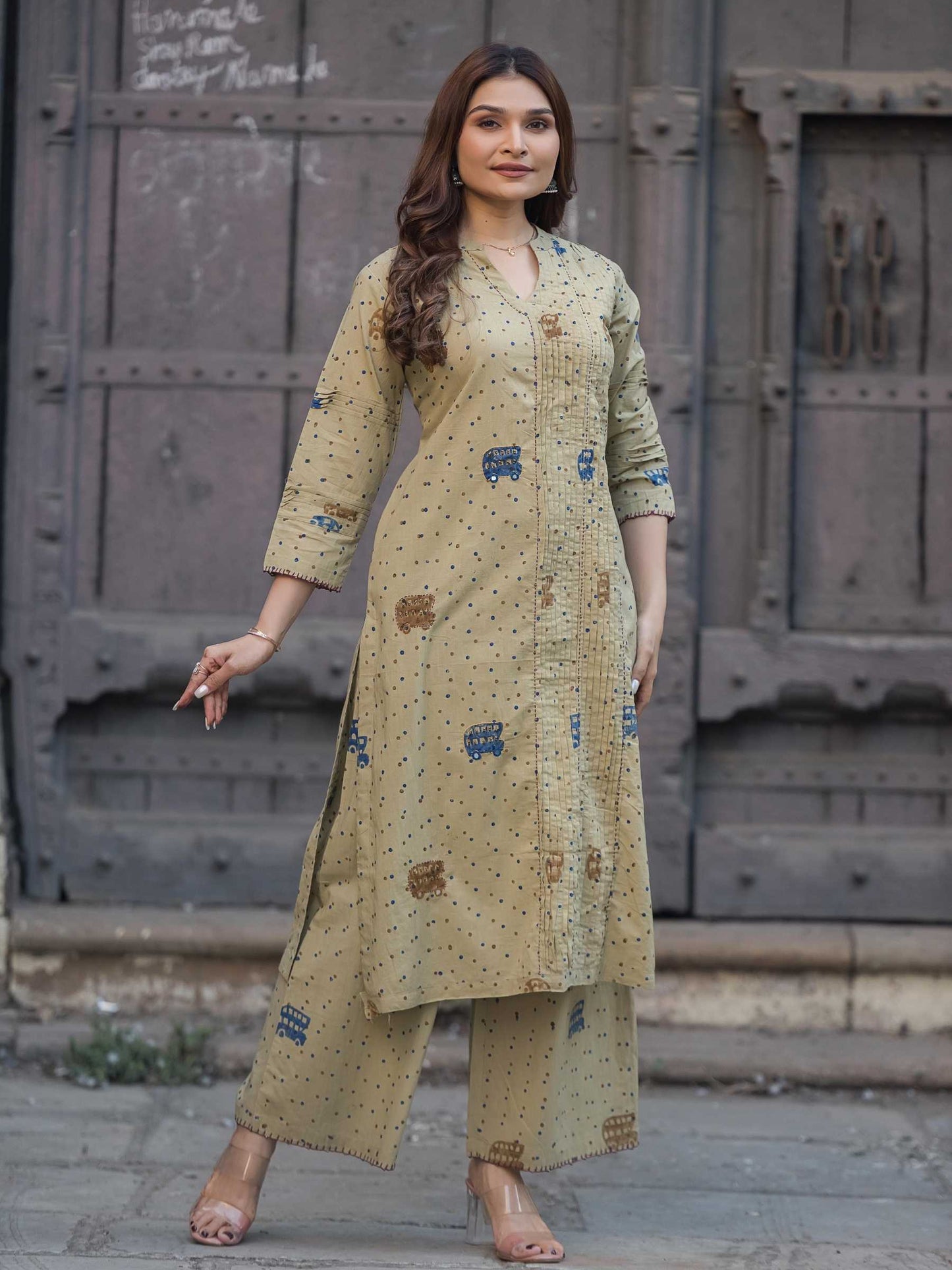 Beige Cotton Co-ord Dress Set | Auto Rickshaw Block Print – Medium to 3XL