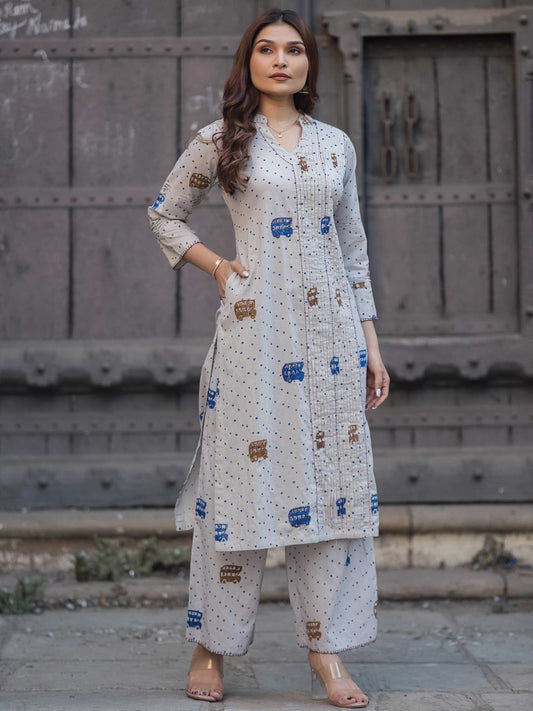 Off-White Cotton Co-ord Dress Set | Auto Rickshaw Block Print – Medium to 3XL