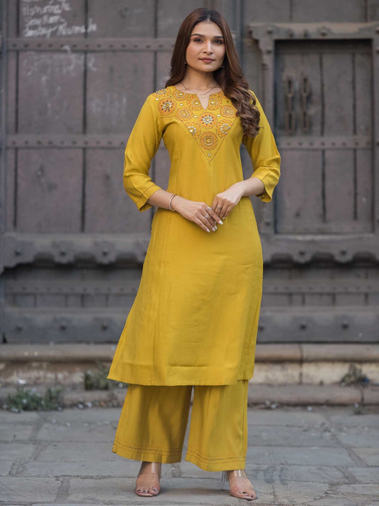 Mustard Yellow Cotton Co-ord Dress Set | Mirror Work Kurti – Medium to 3XL