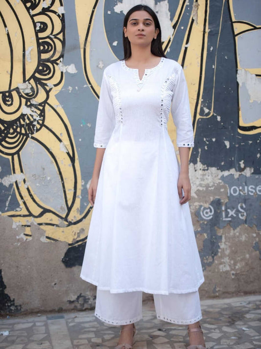 Pristine White Cotton Anarkali Co-ord Set | Mirror Work Kurti – Medium to 3XL