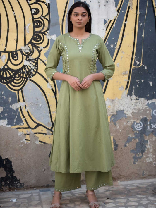 Sage Green Cotton Anarkali Co-ord Set | Mirror Work – Medium to 3XL