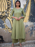 Sage Green Cotton Anarkali Co-ord Set | Mirror Work – Medium to 3XL