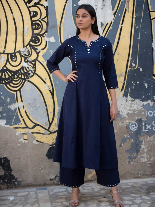 Navy Blue Cotton Anarkali Co-ord Set | Mirror Work – Medium to 3XL