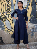Navy Blue Cotton Anarkali Co-ord Set | Mirror Work – Medium to 3XL