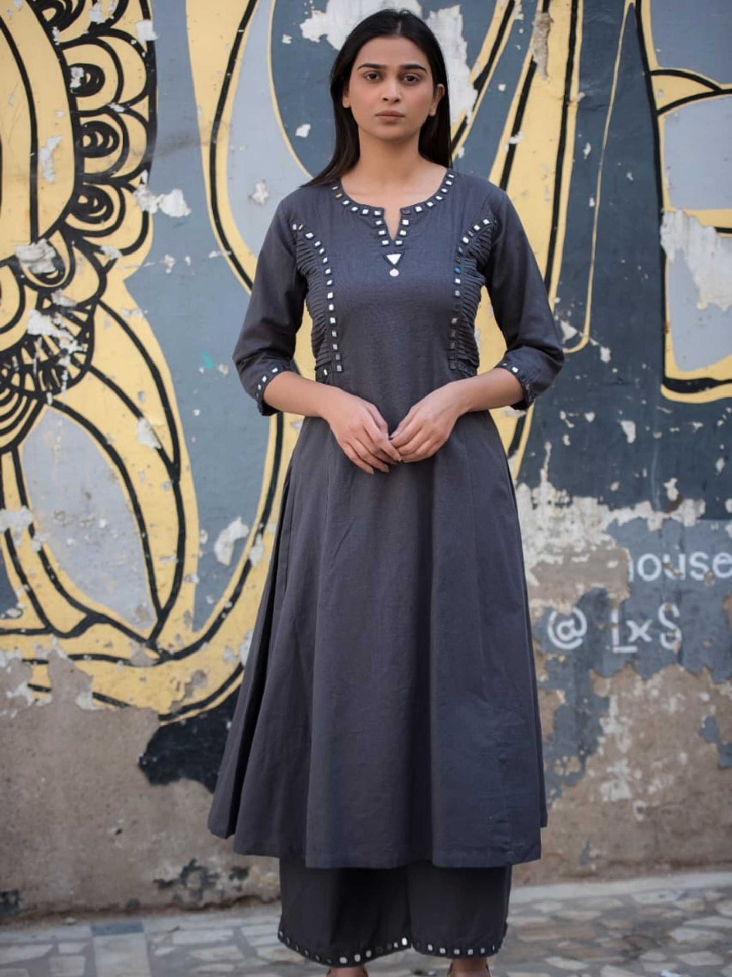 Charcoal Grey Cotton Anarkali Co-ord Set | Mirror Work – Medium to 3XL