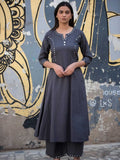 Charcoal Grey Cotton Anarkali Co-ord Set | Mirror Work – Medium to 3XL