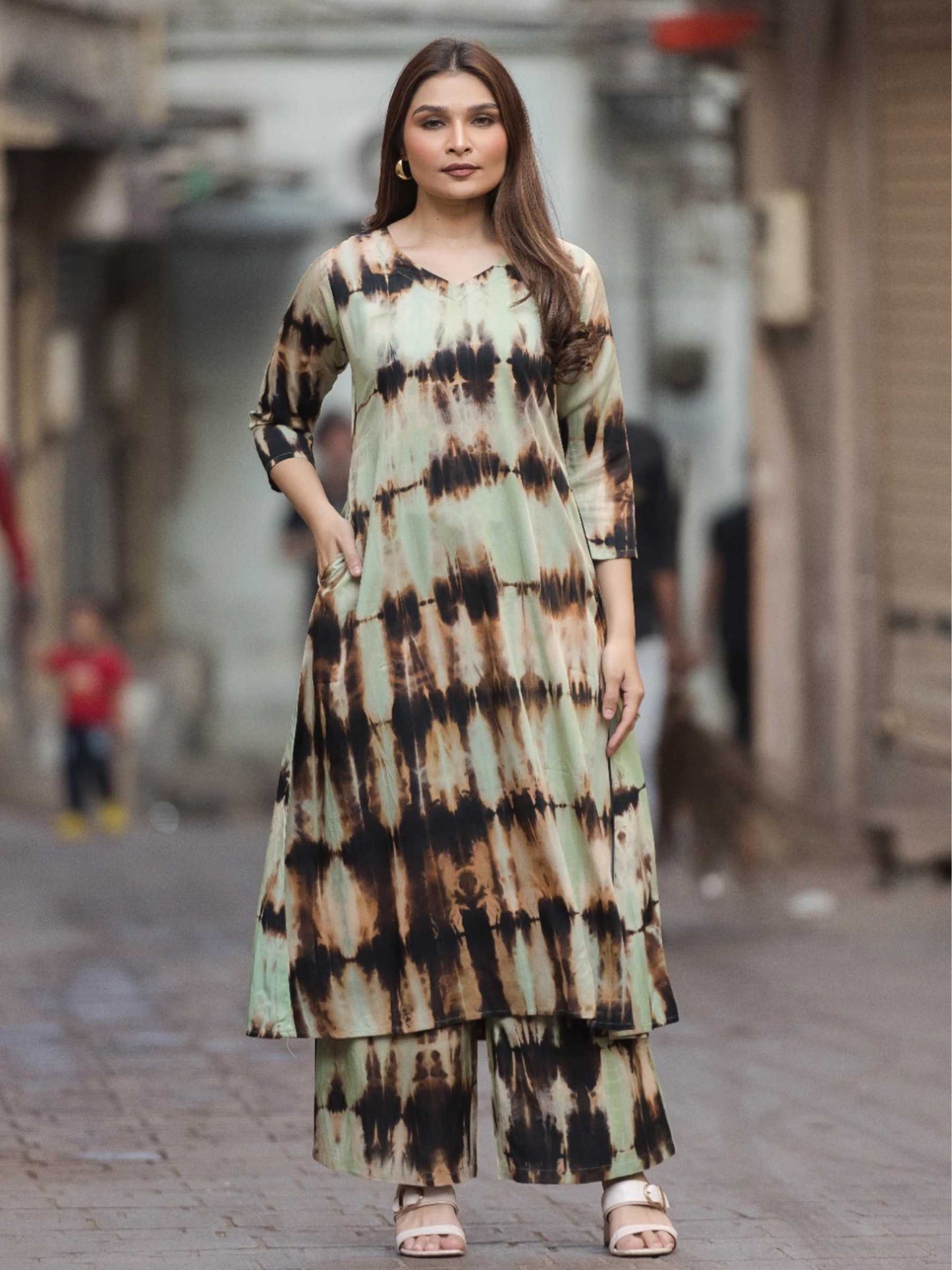Sage Green & Black Tie-Dye Cotton Co-ord Set | Pocket Kurti – Medium to 3XL