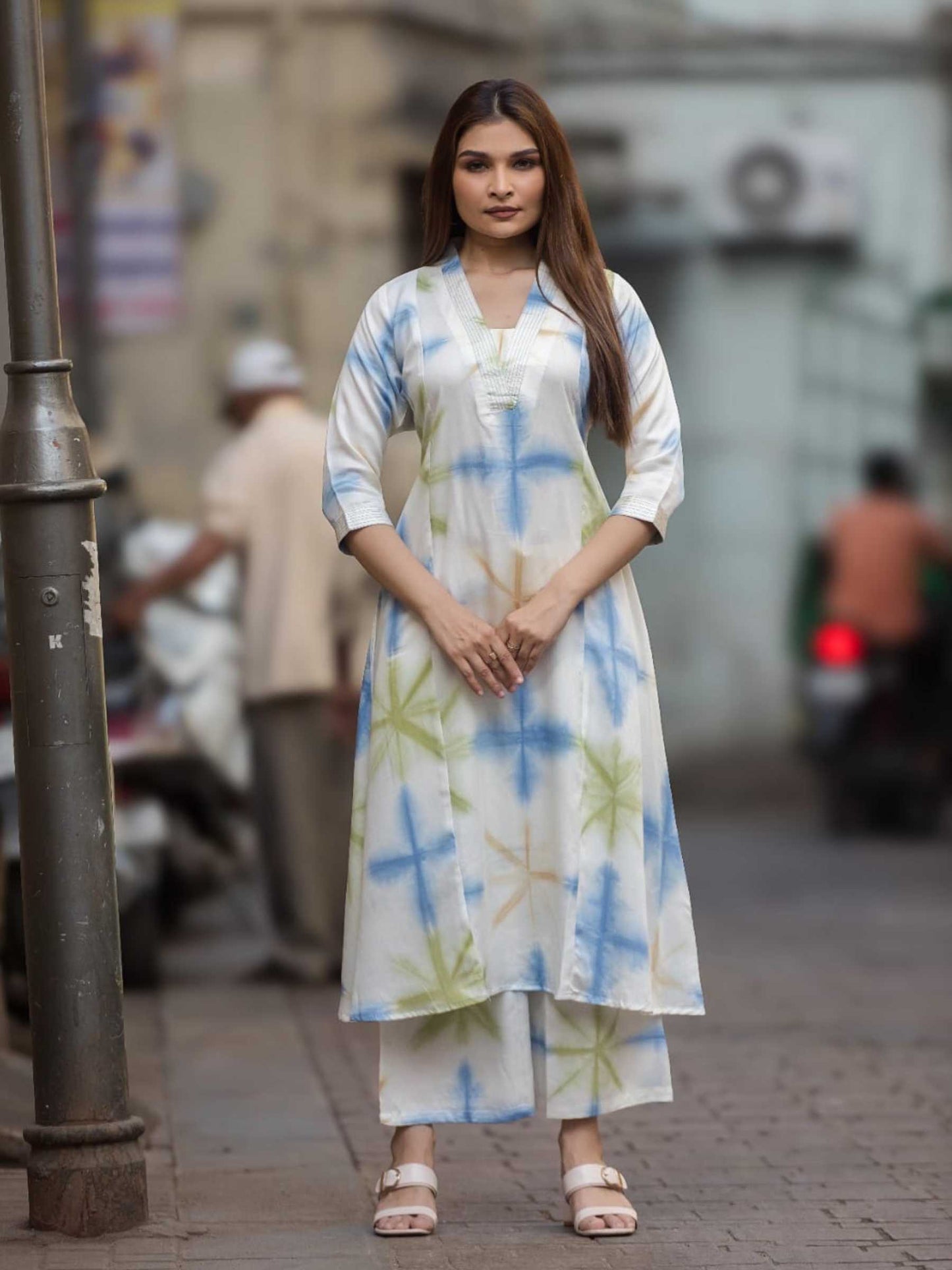 White & Blue Tie-Dye Cotton Co-ord Set | V-Neck Dress – Medium to 3XL