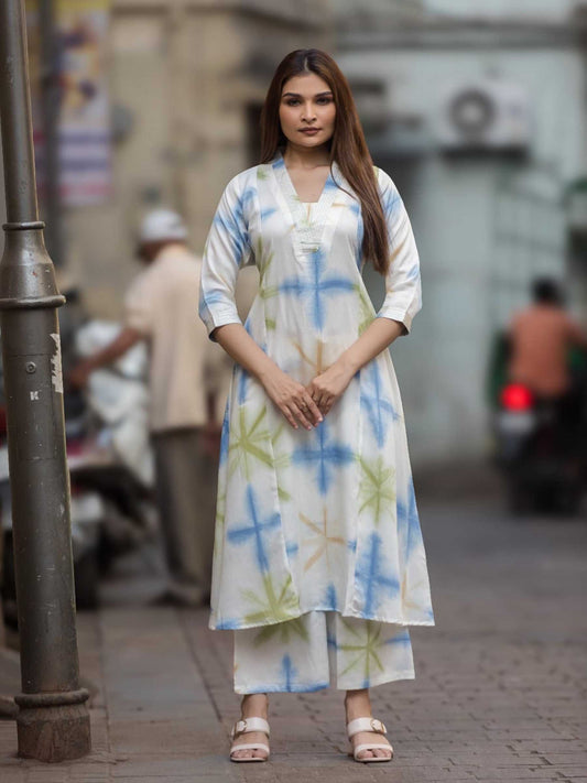 White & Blue Tie-Dye Cotton Co-ord Set | V-Neck Dress – Medium to 3XL