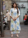 White & Blue Tie-Dye Cotton Co-ord Set | V-Neck Dress – Medium to 3XL