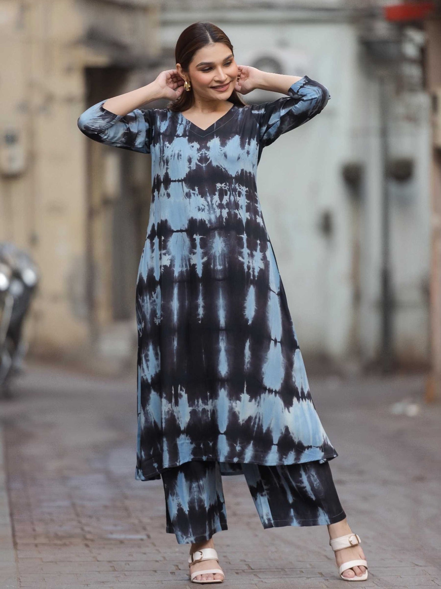 Black & Ice Blue Tie-Dye Cotton Co-ord Set – Medium to 3XL