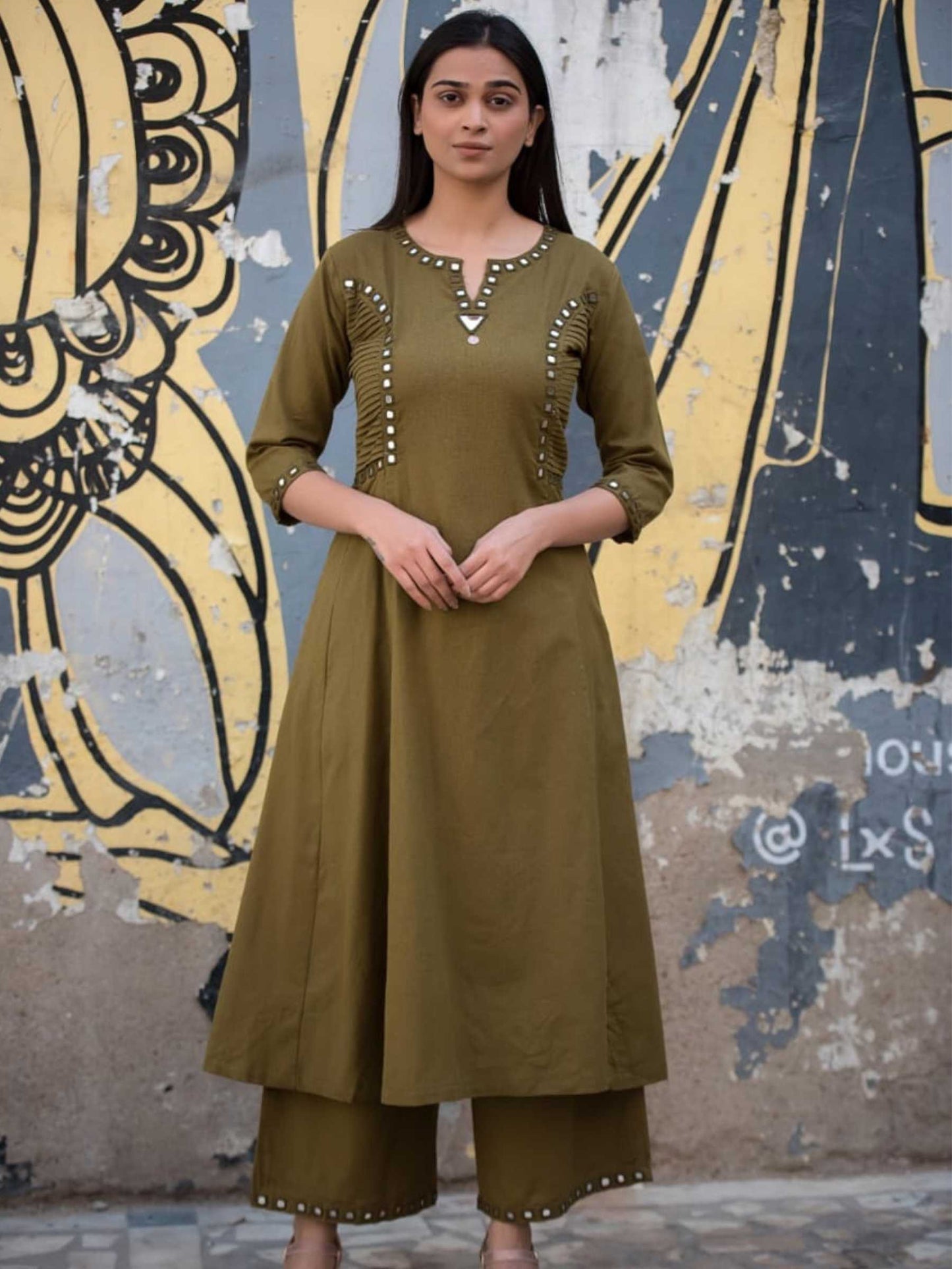 Olive Green Cotton Anarkali Co-ord Set | Mirror Work – Medium to 3XL