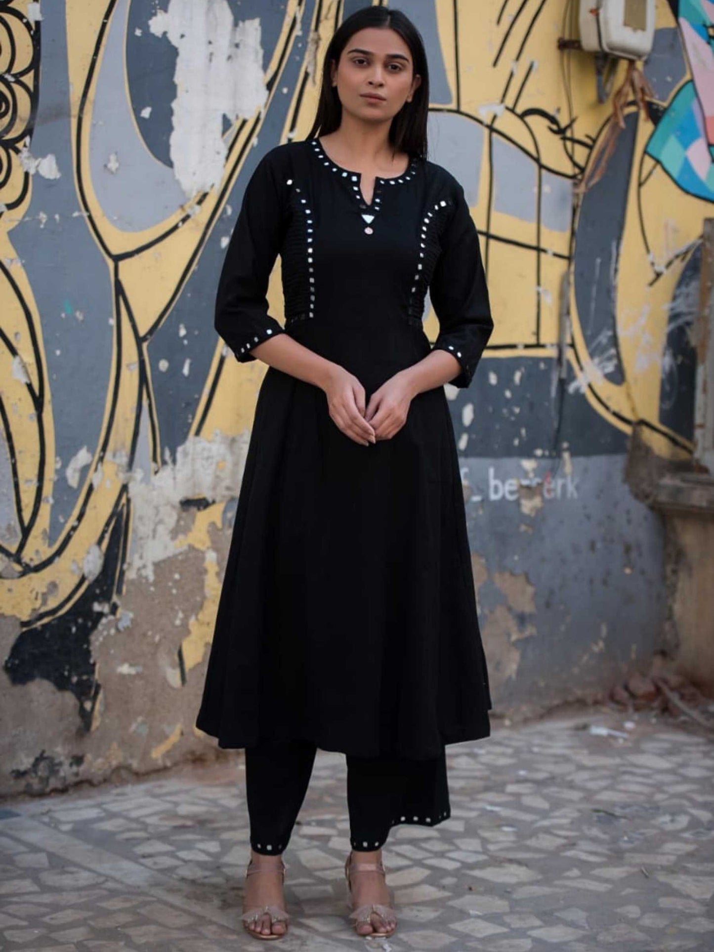 Jet Black Cotton Anarkali Co-ord Set | Mirror Work – Medium to 3XL