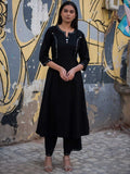Jet Black Cotton Anarkali Co-ord Set | Mirror Work – Medium to 3XL