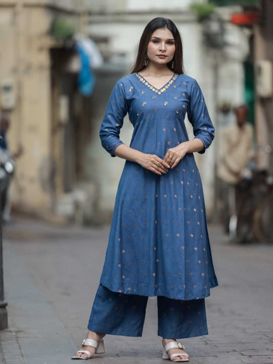 Indigo Blue Chanderi Mukaish Work Kurta Set – Medium to 3XL