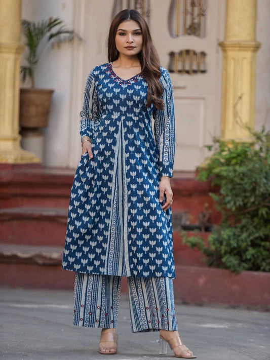 Indigo Blue Floral Jaal Print Pure Cotton Kurta Palazzo Set – Medium to 3XL
