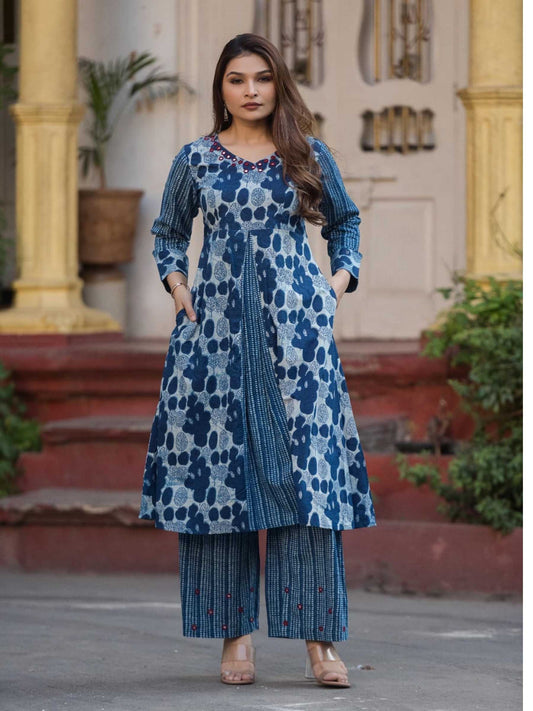 Indigo Blue Abstract Floral Print Pure Cotton Kurta Palazzo Set – Medium to 3XL
