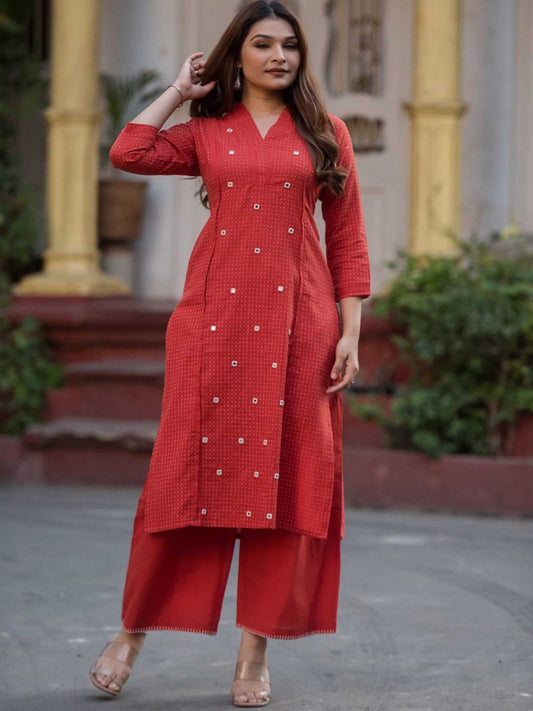 Rust Red Pure Cotton Dobby Print Kurta Palazzo Set – Medium to 3XL