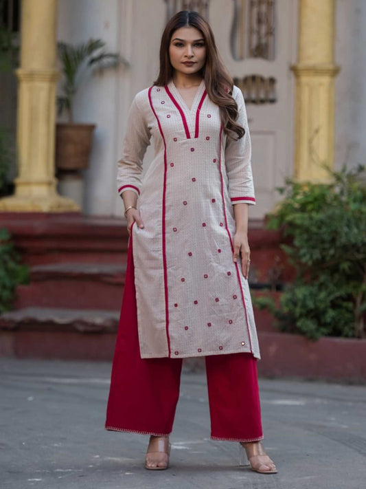 Beige and Maroon Pure Cotton Geometric Butti Kurta Palazzo Set – Medium to 3XL