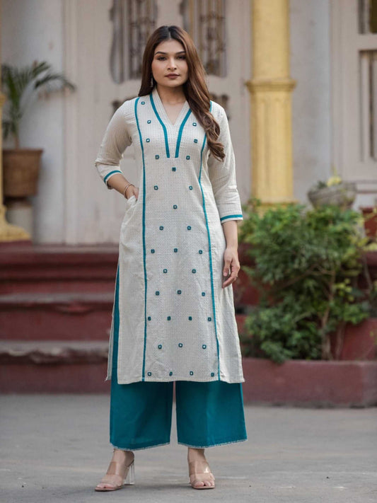 Off-White and Teal Blue Pure Cotton Geometric Butti Kurta Palazzo Set – Medium to 3XL