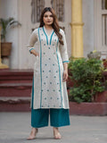 Off-White and Teal Blue Pure Cotton Geometric Butti Kurta Palazzo Set – Medium to 3XL