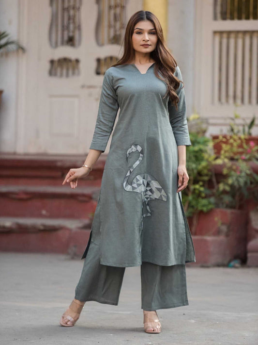 Sage Grey Cotton Flamingo Applique Kurta Palazzo Set – Medium to 3XL