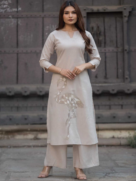 Ivory Beige Cotton Flamingo Applique Kurta Palazzo Set – Medium to 3XL