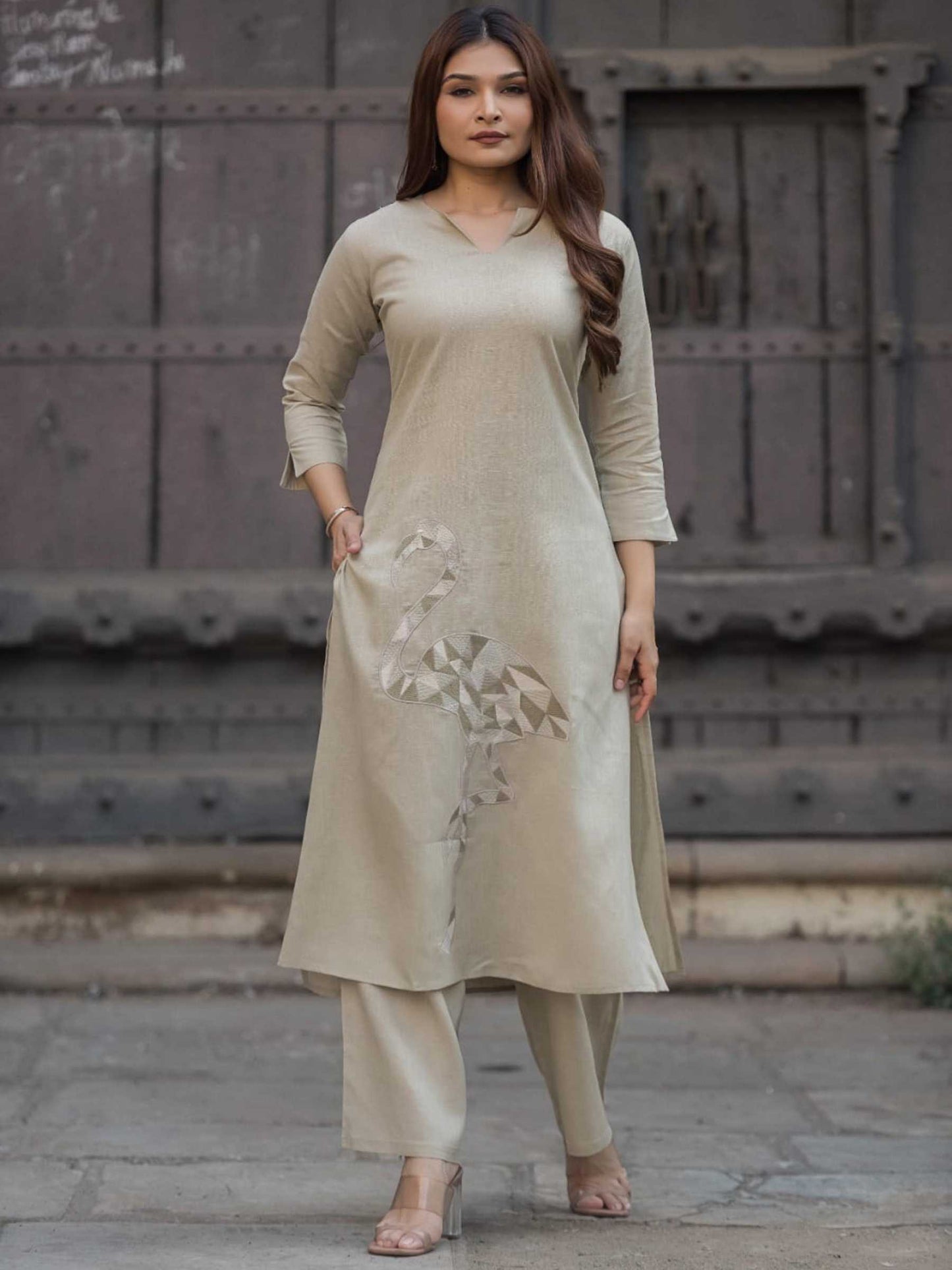Olive Sage Cotton Flamingo Applique Kurta Pant Set – Medium to 3XL