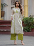 Off-White and Lime Green Pure Cotton Geometric Butti Kurta Palazzo Set – Medium to 3XL