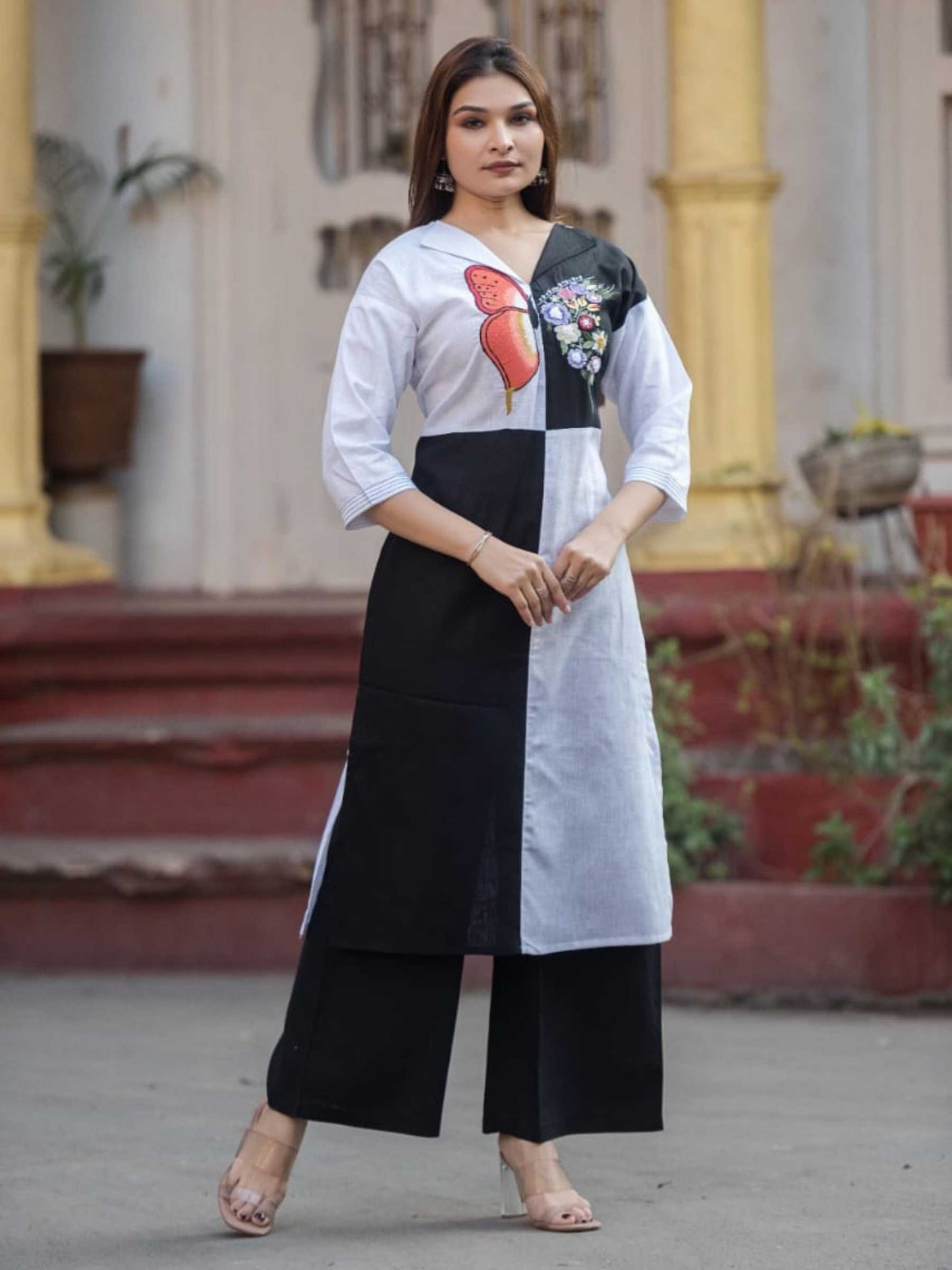 Black and White Cotton Butterfly Applique Kurta Palazzo Set – Medium to 3XL