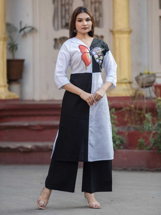 Black and White Cotton Butterfly Applique Kurta Palazzo Set – Medium to 3XL