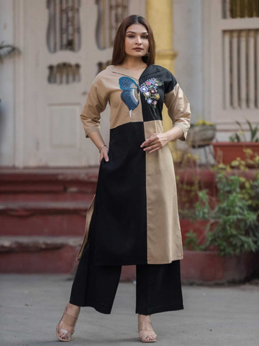 Black and Khaki Beige Cotton Butterfly Applique Kurta Palazzo Set – Medium to 3XL