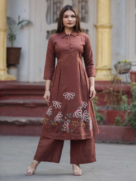Chocolate Brown Cotton Floral Embroidery Collar Kurta Palazzo Set – Medium to 3XL