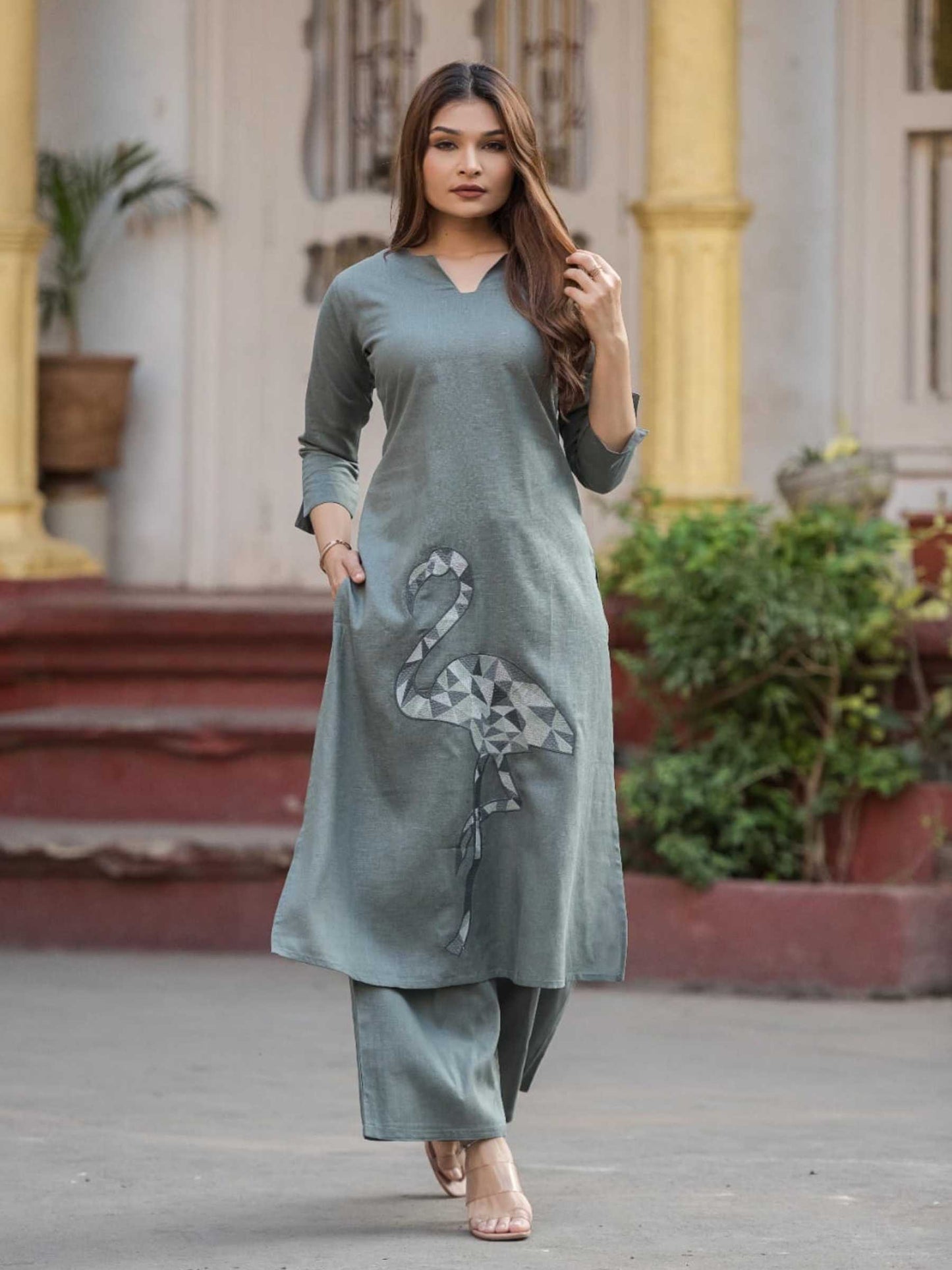 Slate Grey Cotton Flamingo Applique Kurta Palazzo Set – Medium to 3XL
