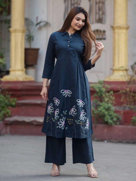Ink Blue Cotton Floral Embroidery Collar Kurta Palazzo Set – Medium to 3XL