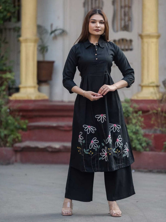Classic Black Cotton Floral Embroidery Collar Kurta Palazzo Set – Medium to 3XL