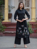Classic Black Cotton Floral Embroidery Collar Kurta Palazzo Set – Medium to 3XL