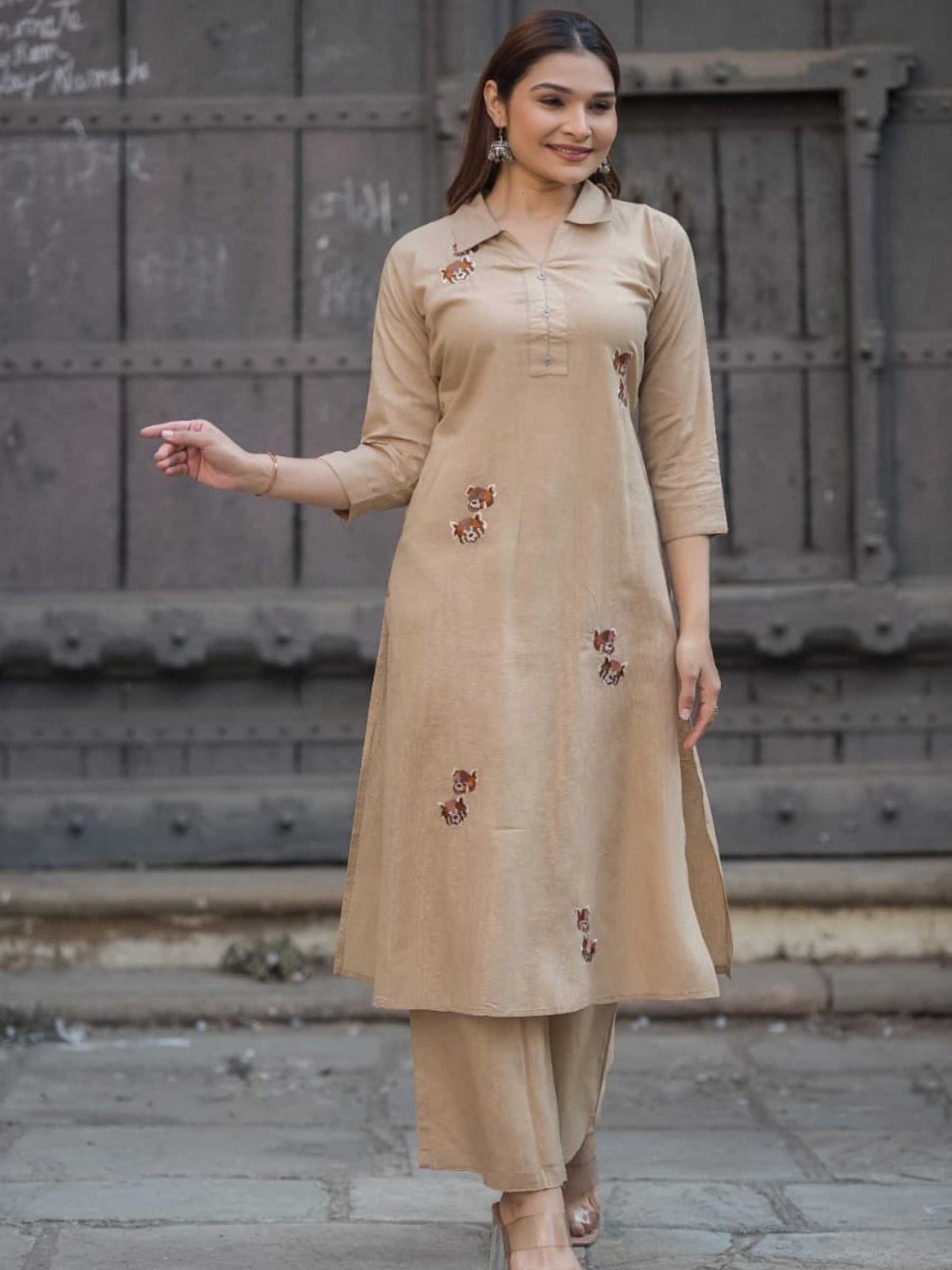 Khaki Beige Cotton Floral Embroidery Collar Kurta Palazzo Set – Medium to 3XL