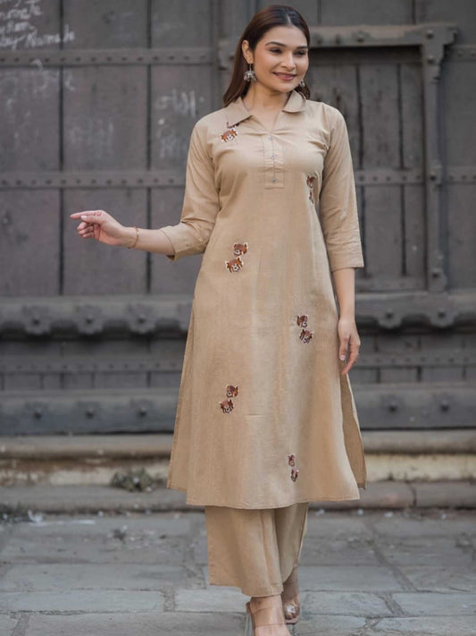 Khaki Beige Cotton Floral Embroidery Collar Kurta Palazzo Set – Medium to 3XL