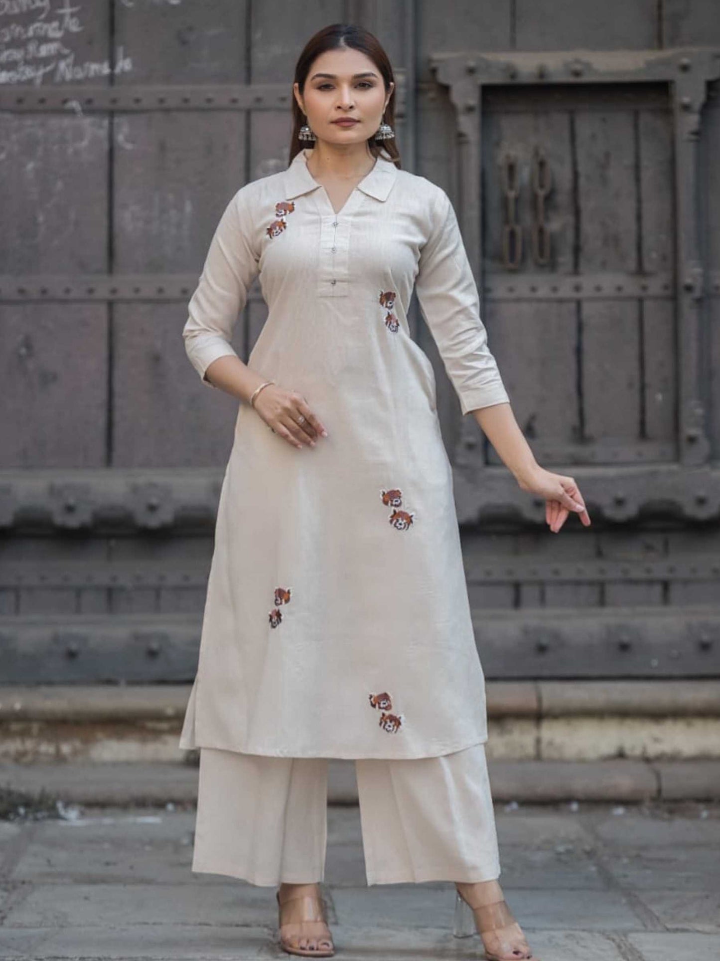 Ivory White Cotton Floral Embroidery Collar Kurta Palazzo Set – Medium to 3XL