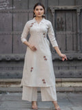 Ivory White Cotton Floral Embroidery Collar Kurta Palazzo Set – Medium to 3XL