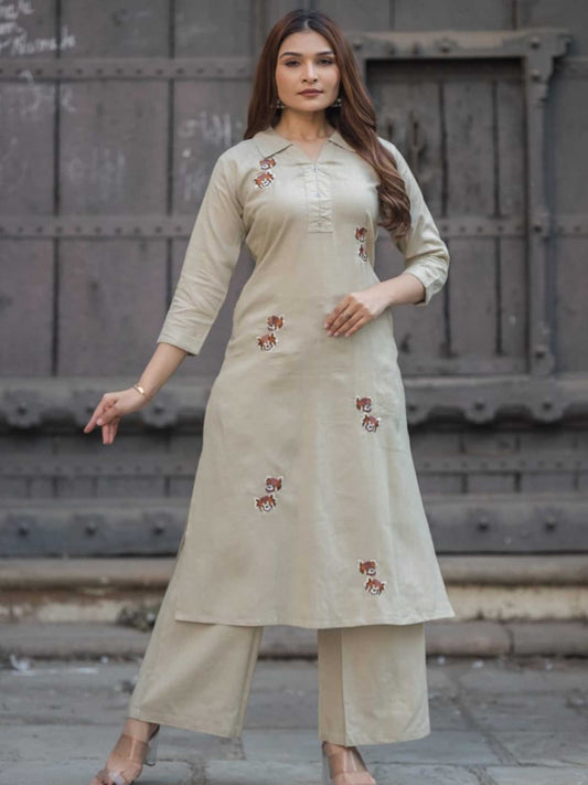 Light Olive Grey Cotton Floral Embroidery Collar Kurta Palazzo Set – Medium to 3XL