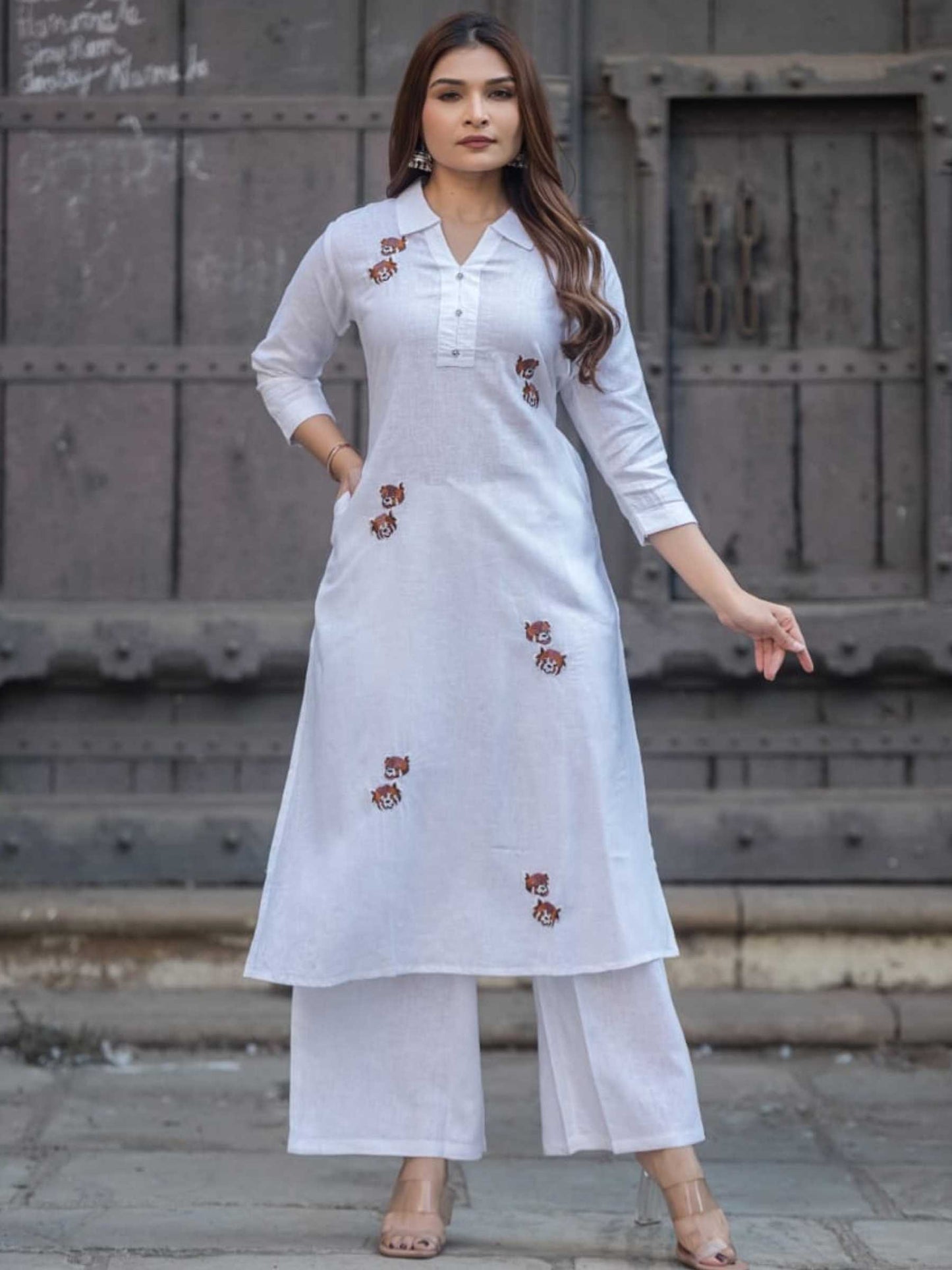 Pure White Cotton Floral Embroidery Collar Kurta Palazzo Set – Medium to 3XL