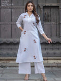 Pure White Cotton Floral Embroidery Collar Kurta Palazzo Set – Medium to 3XL