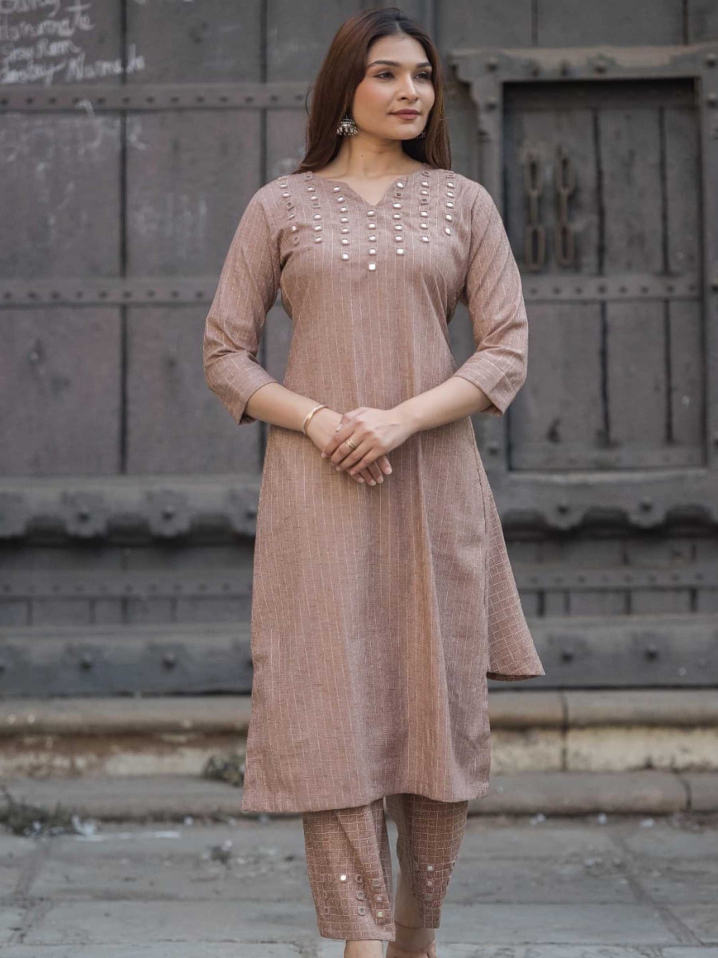 Earthy Mauve Khadi Cotton Slub Mirror Work Kurta Pant Set – Medium to 3XL